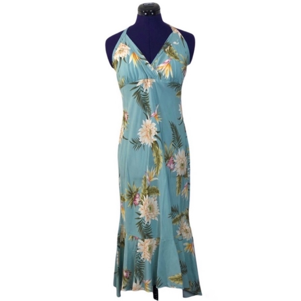 Two Palms Mint Blue Green Floral Mid Length Dress